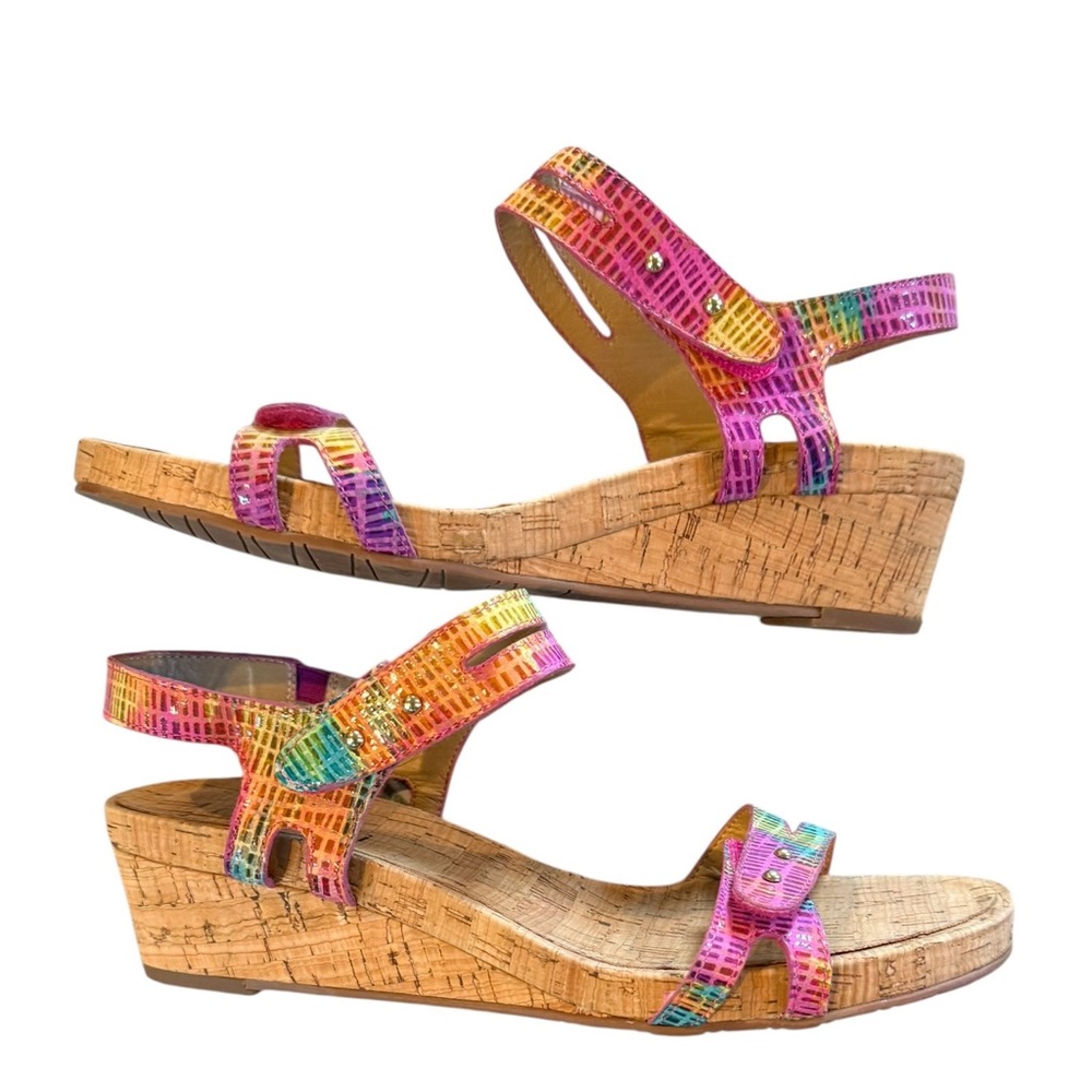 Vaneli Rainbow Leather Multicolor Strappy Sandals Cork Wedge Heel Size 9 Medium